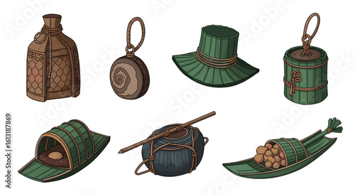 Collection of stylized, colorful, artistic, old-fashioned Asian farming implements