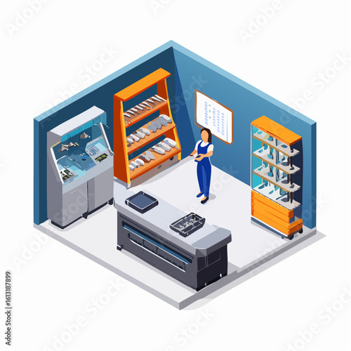 A person stands in a retail store displaying electronics and appliances on shelves and counters.