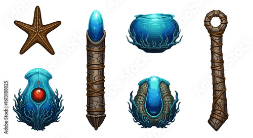 Underwater artifact collection showcasing nautical and magical elements against white backdrop