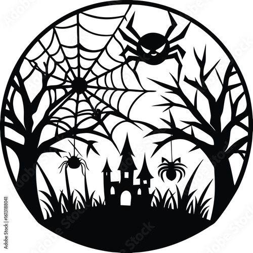 Black silhouette of a spooky Halloween scene with a castle and spiders white