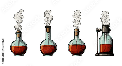 Alchemist's tools: Four vintage bottles with potion and smoke rising