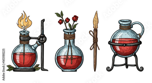 Enchanting elixir collection: Illustrations of mystical potion bottles and magical tools