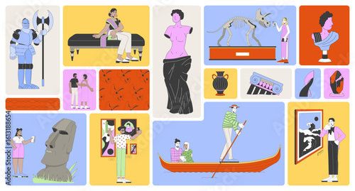 Art, history and tourists in museum bento grid illustration set. Statues, column, paintings, taking selfies 2D vector image collage design graphics collection. Diverse flat characters moodboard layout