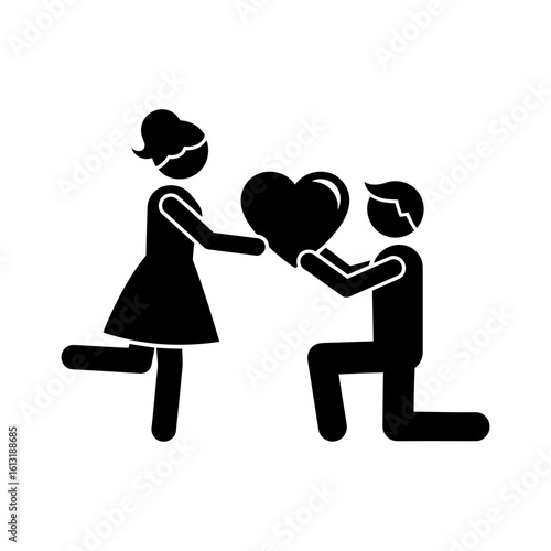 Vector art of a man is on his knee proposing to a woman with a heart isolated on white background
