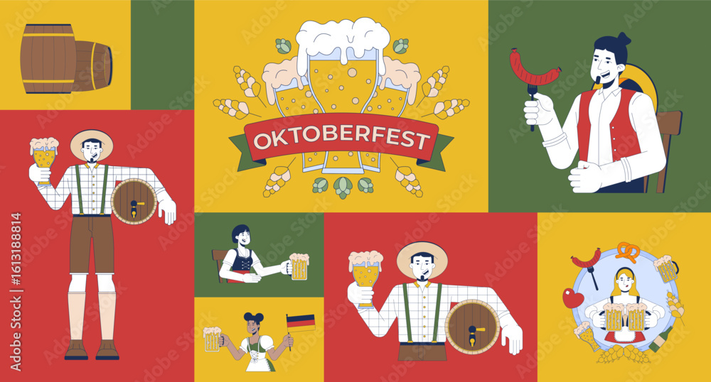 Naklejka premium Traditional Oktoberfest and Bavarian culture bento grid illustration set. Sausage, beer mugs, hop plants, barrels 2D vector image collage design. Germans, diverse flat characters moodboard layout