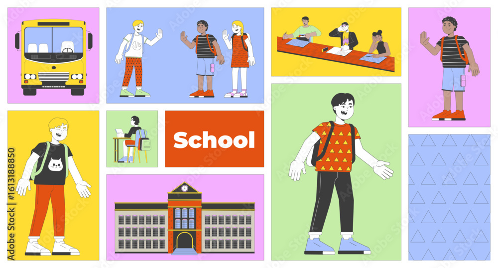 Children going to school and engaging in learning bento grid illustration set. Students studying with peers 2D vector image collage design graphics collection. Diverse flat characters moodboard layout Children going to school and engaging in learning bento grid illustration set. Students studying with peers 2D vector image collage design graphics collection. Diverse flat characters moodboard layout