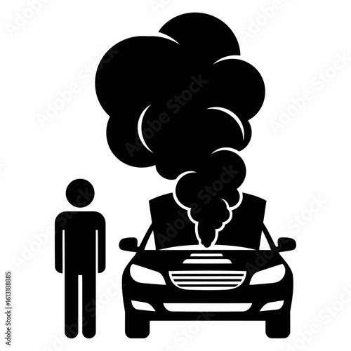 Vector art of a car is on fire with smoke billowing out of the engine isolated on white background