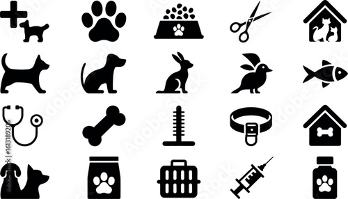 A collection of black and white pet related icons including animals, medicine, and accessories