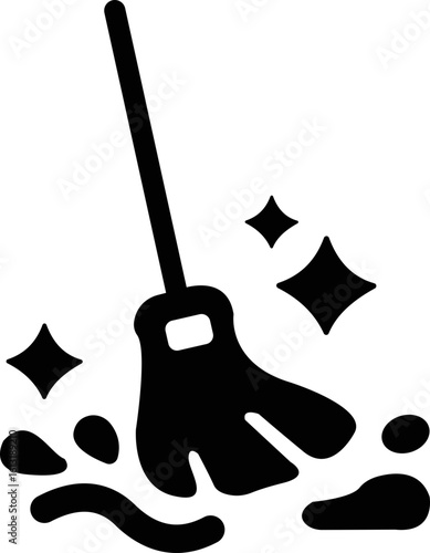 Cleaning icon, black vector of hygiene, sanitizing and housekeeping tools in flat style, cleaning equipment disinfect, mop, wipe symbols isolated on transparent background