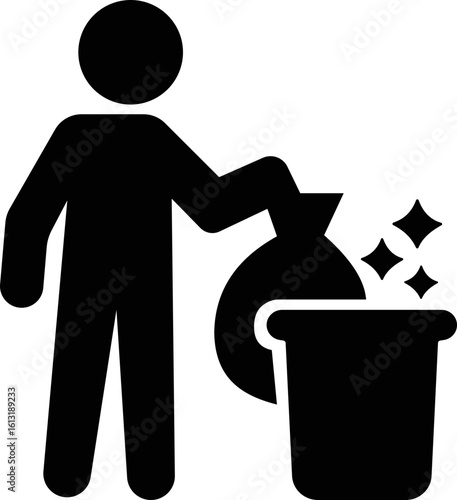 Cleaning icon, black vector of hygiene, sanitizing and housekeeping tools in flat style, cleaning equipment disinfect, mop, wipe symbols isolated on transparent background