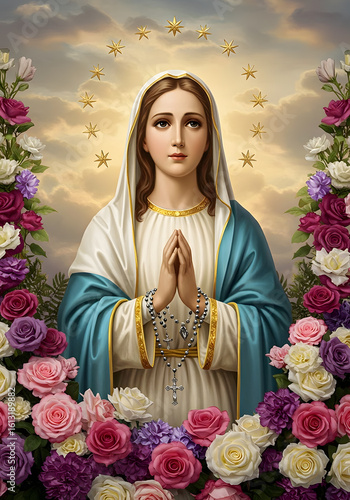 Virgin Mary Portrait Surrounded by Roses, Praying Hands, Halo, Catholic Icon, Religious Illustration