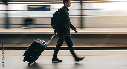 Young male traveler in black attire walking briskly pulling a rolling suitcase captured with motion blur.