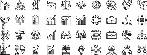 A collection of business icons represents various aspects of finance and management