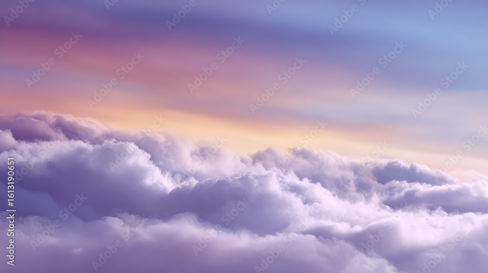 Obraz premium A serene view of soft clouds illuminated by pastel colors during sunset, creating a calming atmosphere for nature lovers.
