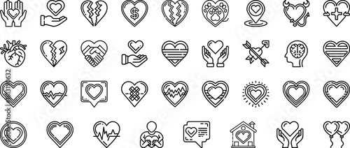 Collection of heart icons with various designs isolated on white background