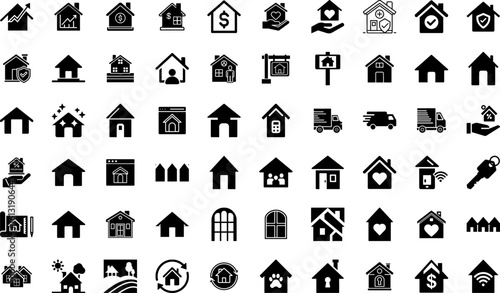 A diverse collection of house icons represents real estate, homeownership, and property concepts