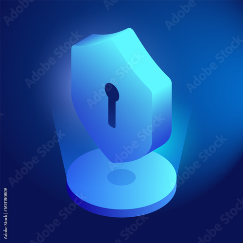 3d isometric Protection shield with keyhole for data security privacy concept. Cybersecurity innovation technology in futuristic gradient blue icon. virtual cyber security digital protect guarantee.