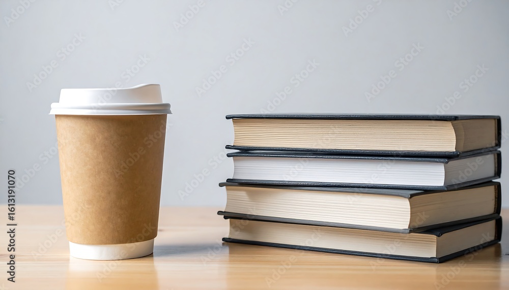 Fototapeta premium Coffee cup next to stack of books.