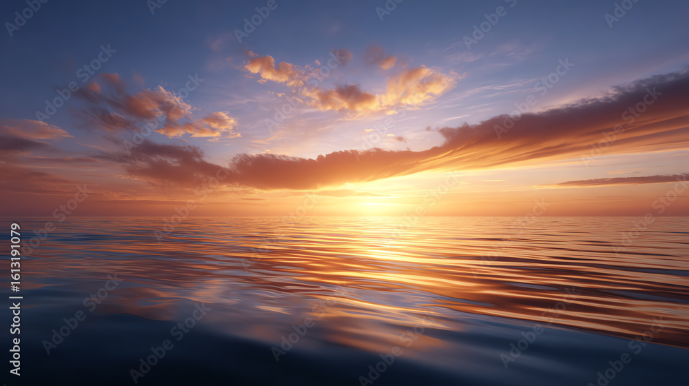 Obraz premium A stunning sunset over a calm ocean, reflecting vibrant colors in the serene water and creating a peaceful atmosphere.