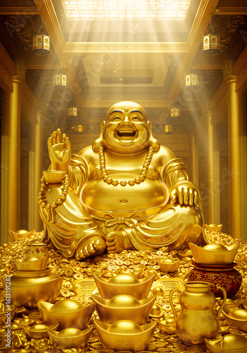 Golden Laughing Buddha Statue, Chinese Deity, Wealth Symbol, Buddhist Temple Shrine, Prosperity Concept