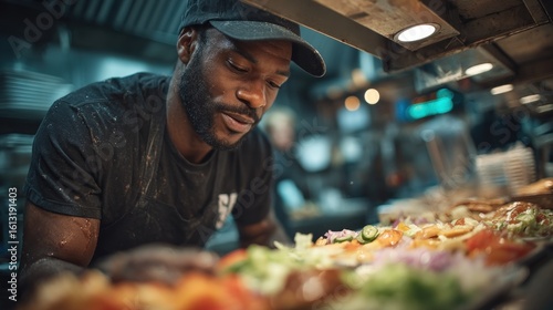 Dedicated restaurant chef preparing a gourmet dish with fresh ingredients