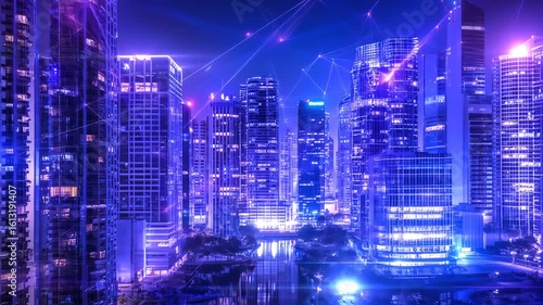 Futuristic City Skyline at Night with Neon Lights and Digital Network Overlay