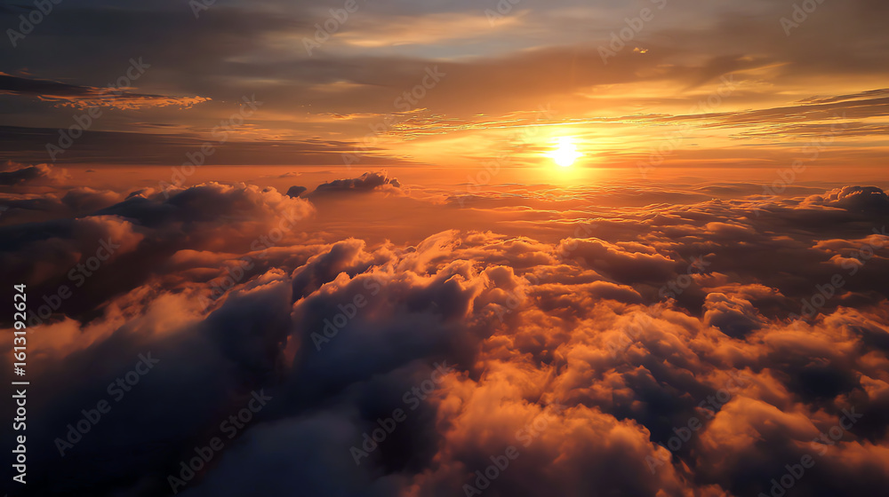 Fototapeta premium Breathtaking sunset view above the clouds, showcasing vibrant colors and serene atmosphere. Perfect for tranquil imagery.