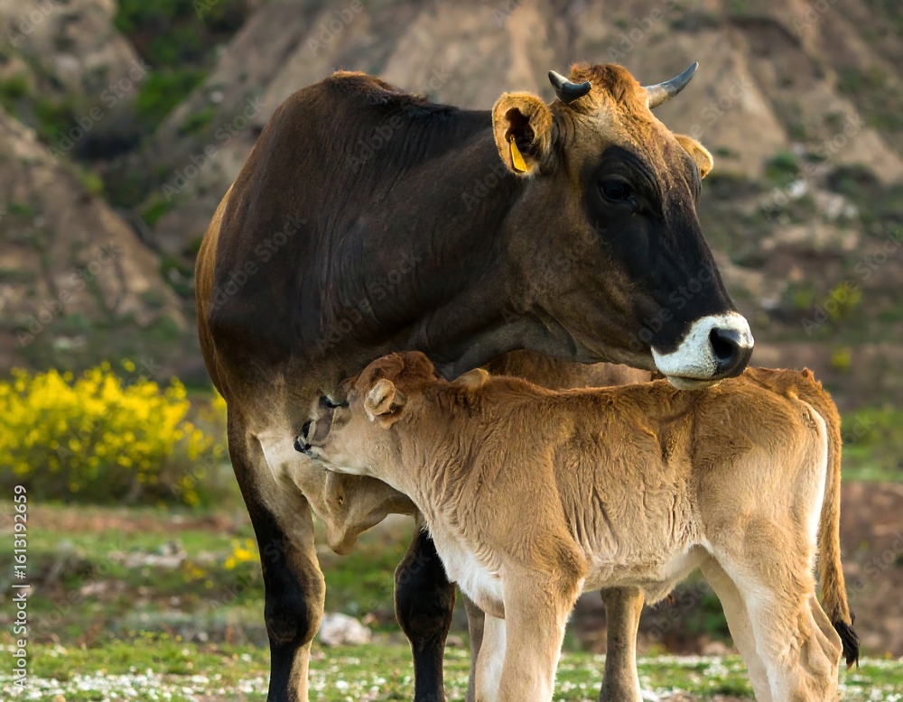 Fototapeta premium Mother cow and calf in a field