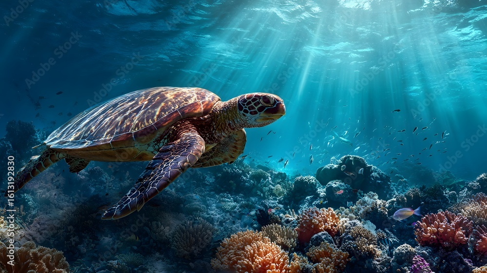 Fototapeta premium Majestic sea turtle gliding through vibrant coral reef, sunlight filtering through water