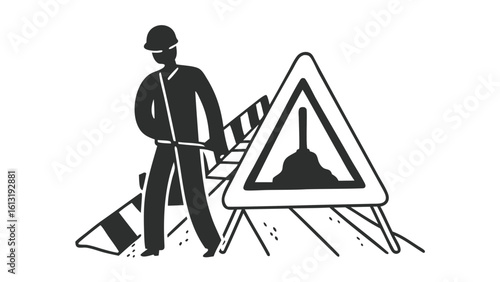 road worker with helmet near road bump sign and safety barriers on street surface