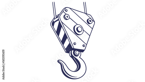 a heavy duty crane hook with striped pattern and circular bolts isolated on white