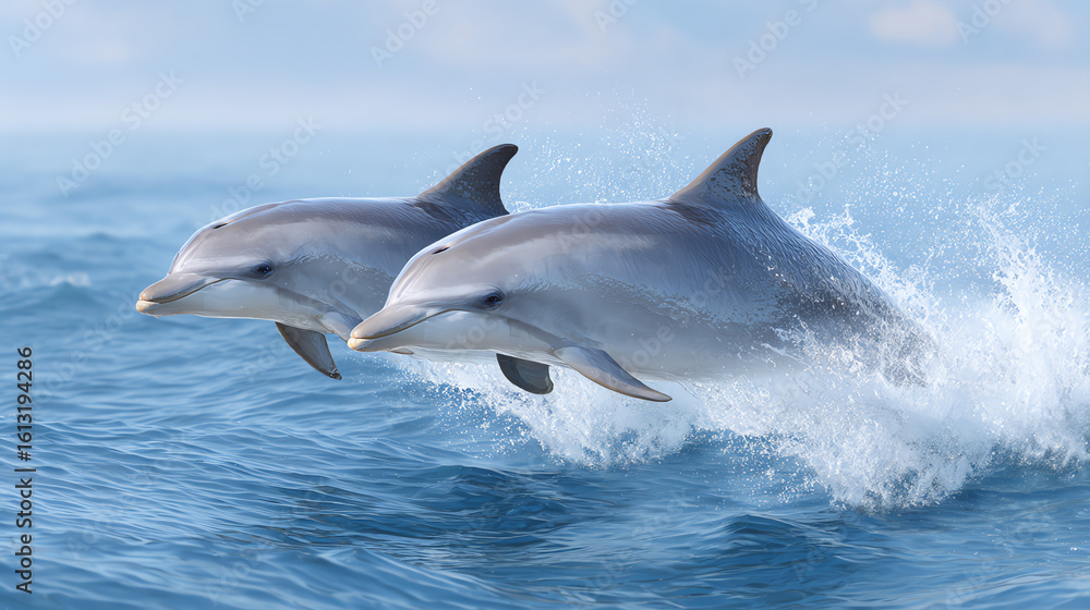 Fototapeta premium Two dolphins elegantly leap through the ocean waves, showcasing their playful nature and agility in a vibrant marine environment.