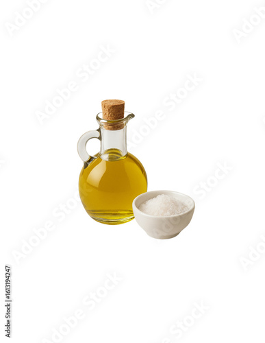 Olive oil and salt on a minimalist kitchen countertop setup