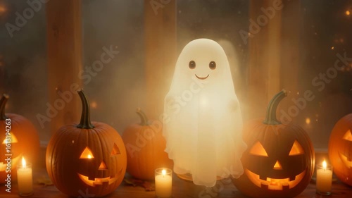 A ghost is standing in front of a pumpkin and a pumpkin with a candle inside
