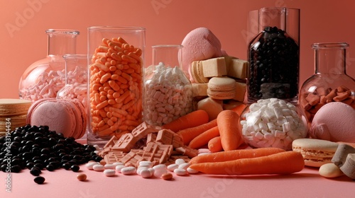 Assorted supplements and vegetables in colorful arrangement for health food vitamins organic lifestyle wellness visuals
