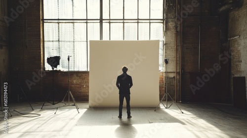 Silhouetted man standing in front of empty set for minimalist photography production stage scene creative visual