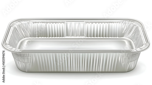 Rectangular aluminum foil food container.  Empty, ready for use,  lightweight,  disposable,  durable,  for  holding,  food,  meals,  or  snacks.  Easy to clean,  stackable,  commercial,  or home use