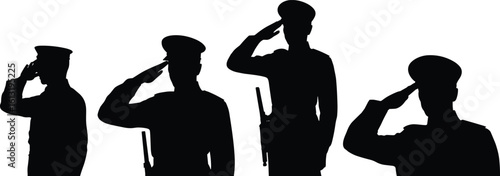 Military salute silhouette set, soldier vector illustration, army personnel in uniform, respectful gesture pose, armed forces tribute graphic