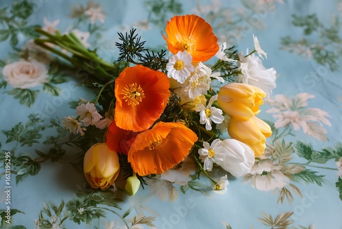 A playful arrangement of bright orange poppies, white daisies, and soft yellow tulips, combined with sprigs of green rosemary and trailing ivy.