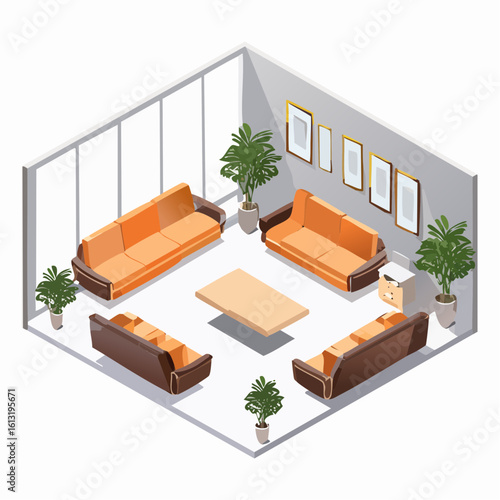 Isometric illustration of a modern office lounge with orange sofas, armchairs, a coffee table, and potted plants.