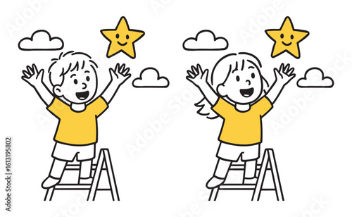 Joyful Boy And Girl Climbing Ladder to Grab Yellow Star. Dream Chasing, Goal Achievement
