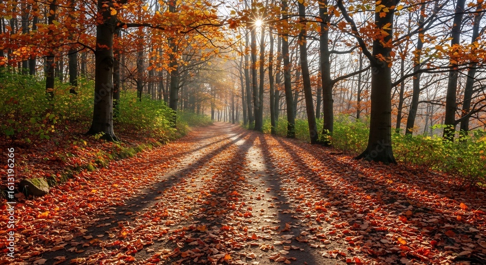 Obraz premium Sunlit path through autumnal forest: A scenic view of nature's vibrant colors