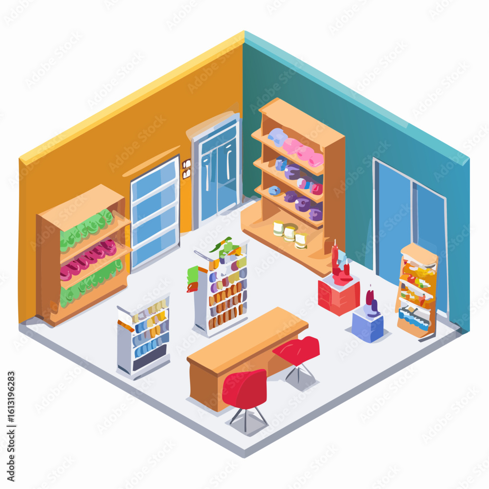 Fototapeta premium Isometric illustration of a modern convenience store interior with shelves, products, and a checkout counter.