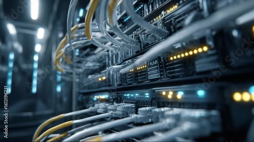 Server room with connected cables and illuminated lights  