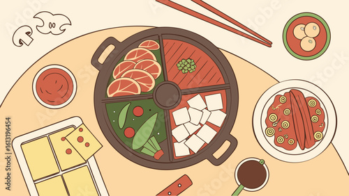Delicious Asian Cuisine A Top-Down View of a Multi-Compartment Dish with Tofu, Meat, and Vegetables