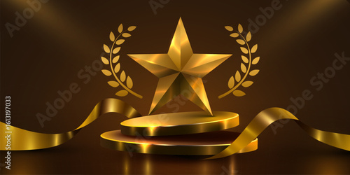 Award luxury round podium with golden star and ribbon. Golden symbol of victory, achievement, success, rewarding of winner.