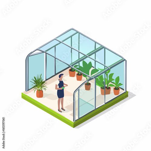 Woman tending to potted plants inside a modern glass greenhouse, showcasing horticultural care and a controlled environment for growth.