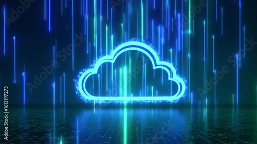 Digital Cloud Icon with Neon Lines and Falling Light Streaks in a Futuristic Tech Environment