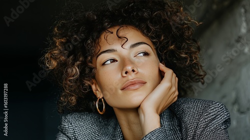 Wallpaper Mural Reflective Moment: Curly-Haired Individual in Grey Jacket with Hand on Chin Torontodigital.ca