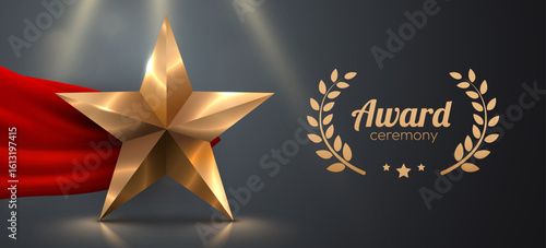 Award ceremony background and 3d gold star with red silk ribbon decoration.